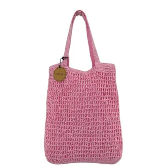 NWT Flamingo Pink Woven Shoulder Tote Coastal Boho Summer Bag - Picture 3 of 7